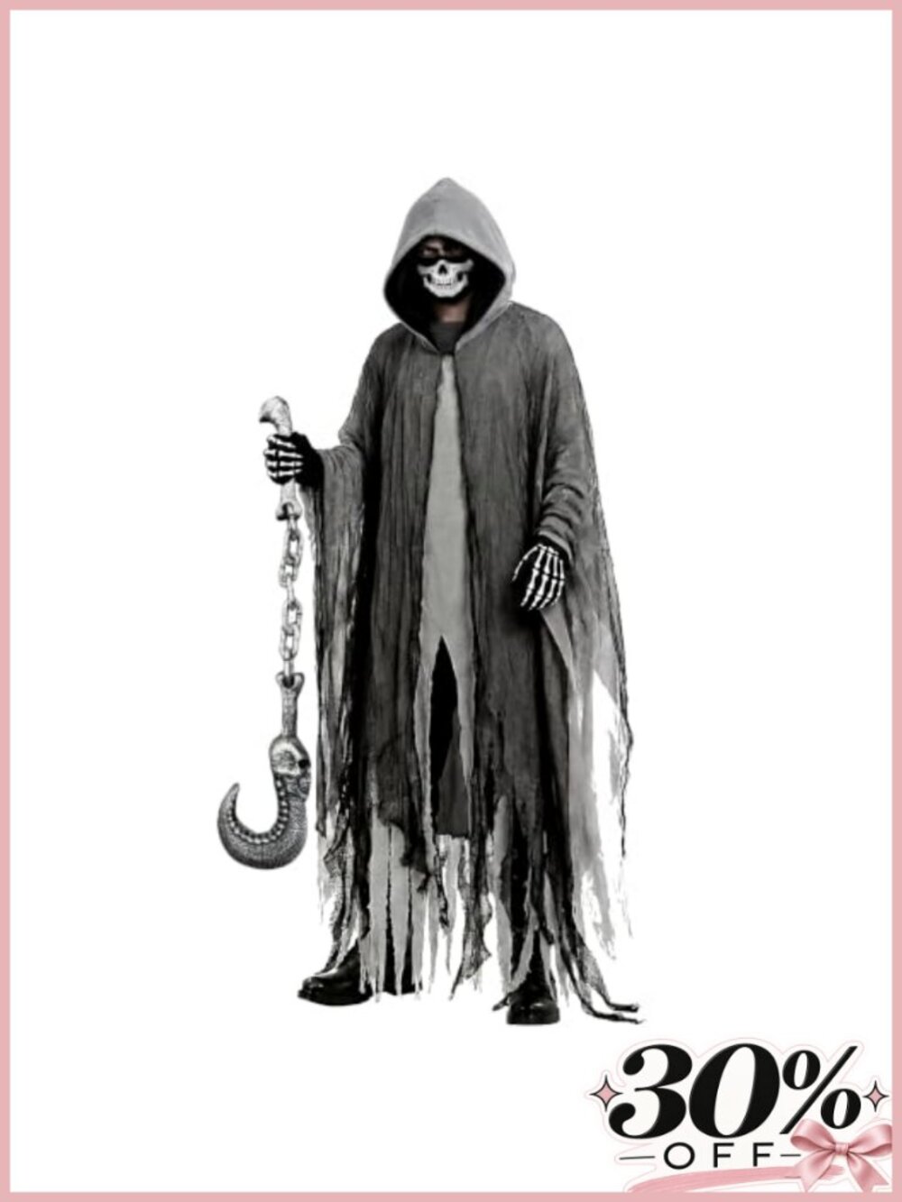 Unisex Grim Reaper Costume Set Hooded Cape Skull Mask Gloves Scythe Cosplay